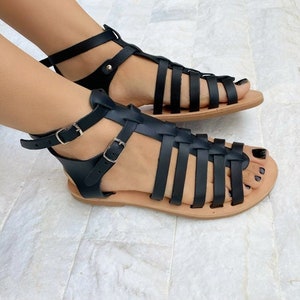 Sandales spartiates en cuir, sandales grecques, sandales noires, chaussures d'été, fabriquées à partir de 100 % cuir véritable. image 9