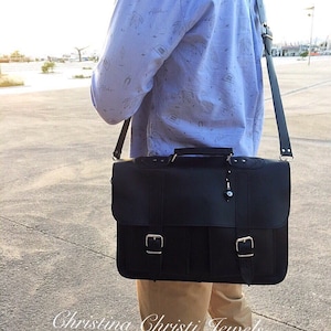 Sac messager en cuir noir, porte-documents en cuir, sac pour ordinateur portable 15 pouces, porte-documents noir, porte-documents pour homme, sac messager noir, fabriqué en Grèce.