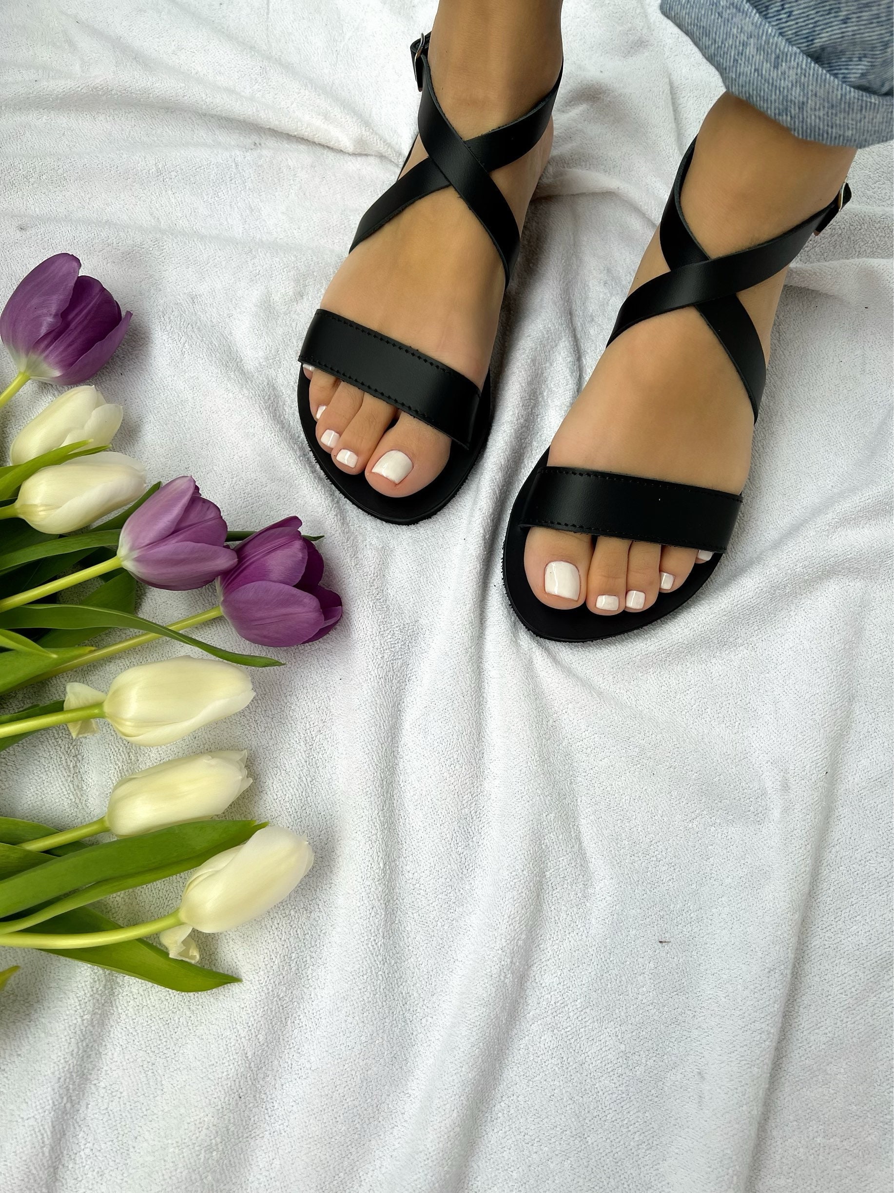 Ankle Strap Sandals Women Leather Sandals Black Sandals - Etsy