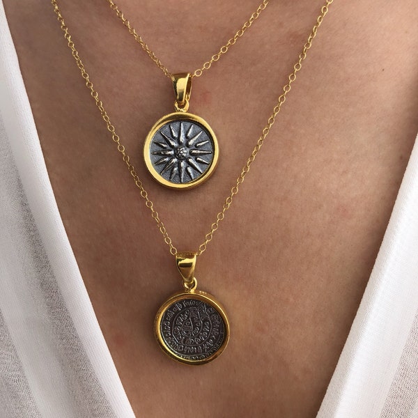 Gold Discs Necklaces, Gold Necklaces, Ancient Greek Necklace, Macedonian Necklace, Coin Necklaces, Made from Sterling Silver 925, In Greece