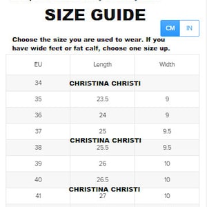 Puede incluir: Tabla de tallas para sandalias en tallas US y EU. La tabla muestra la longitud correspondiente en cent&iacute;metros y el ancho en pulgadas para cada talla EU. La tabla est&aacute; etiquetada como "Christina Christi" e incluye las tallas 34 a 43.
