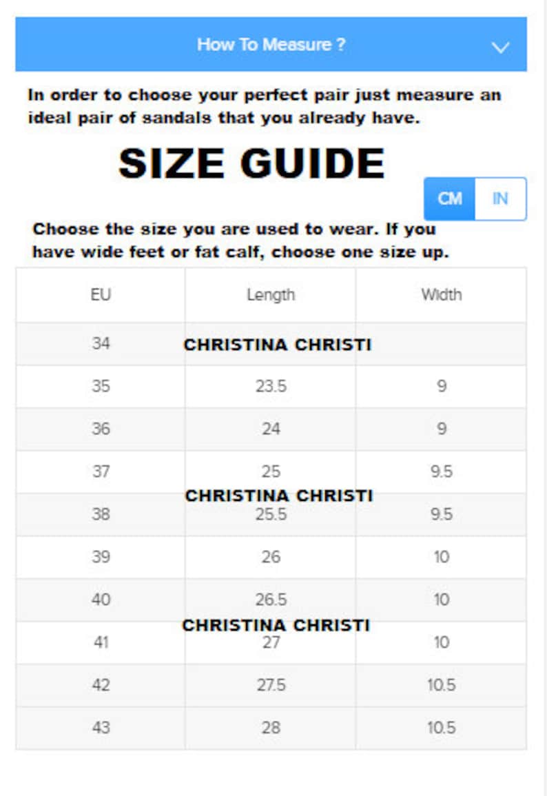 Puede incluir: Tabla de tallas para sandalias en tallas US y EU. La tabla muestra la longitud correspondiente en cent&iacute;metros y el ancho en pulgadas para cada talla EU. La tabla est&aacute; etiquetada como "Christina Christi" e incluye las tallas 34 a 43.