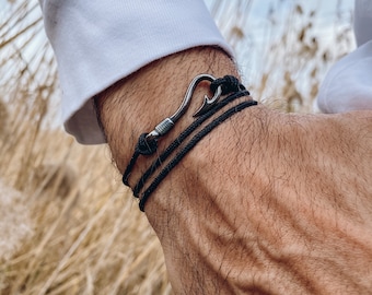 Black Bracelet Men, Fish Hook Bracelet, Men's Jewelry, A Gift for