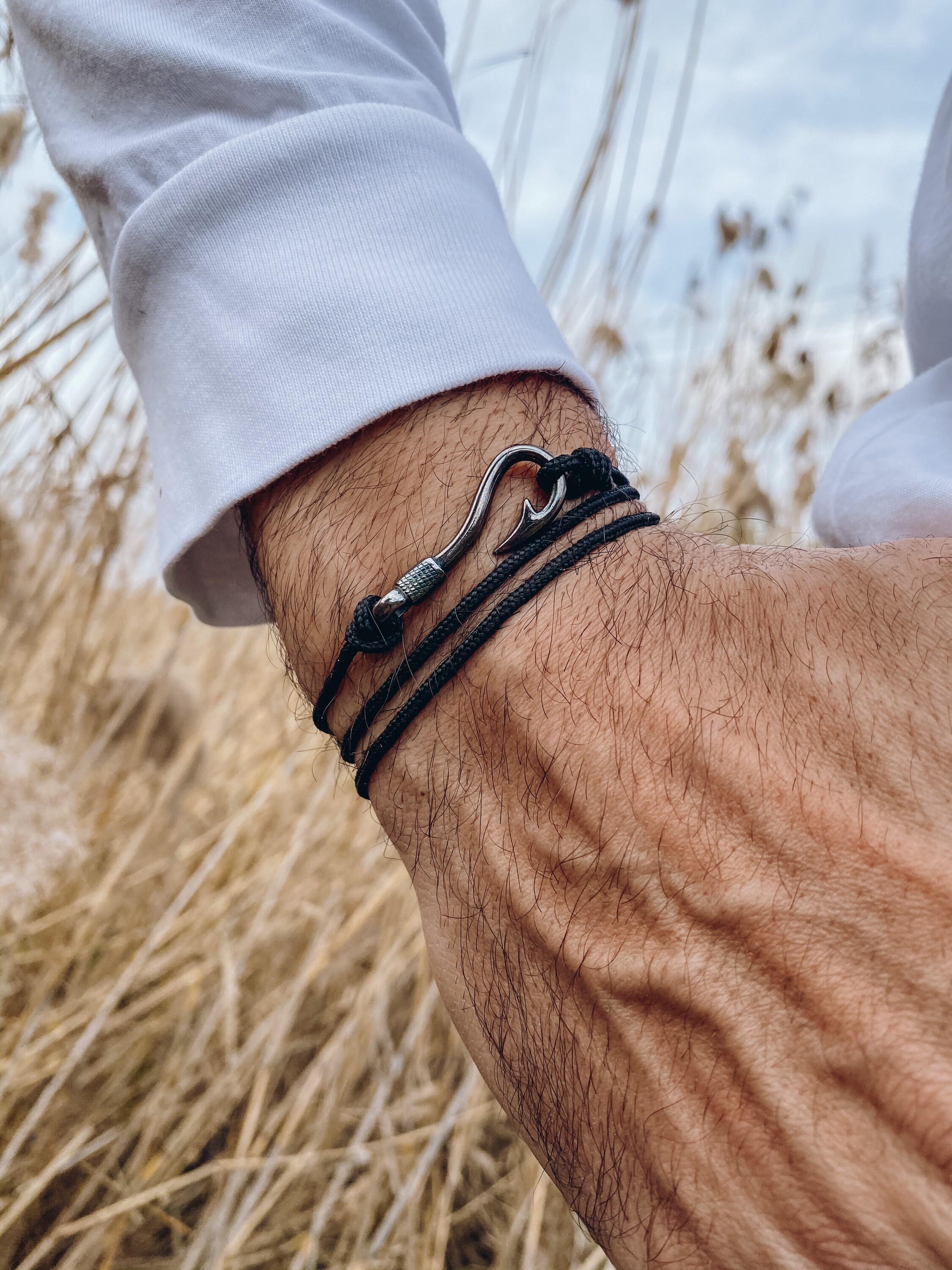  Black Braided Leather Wrap Fish Hook Bracelet