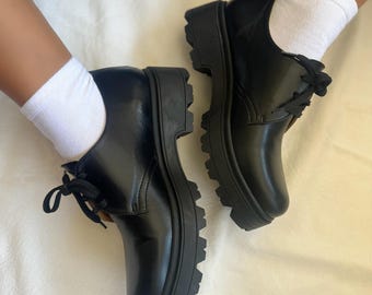 Black Leather Loafers, Women's Shoes, Platform Shoes, Winter Shoes, Made in Greece