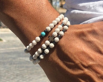 Men's Bracelet, White Beaded Bracelet, Lava Beads Bracelet, Mens Jewelry, Made in Greece.