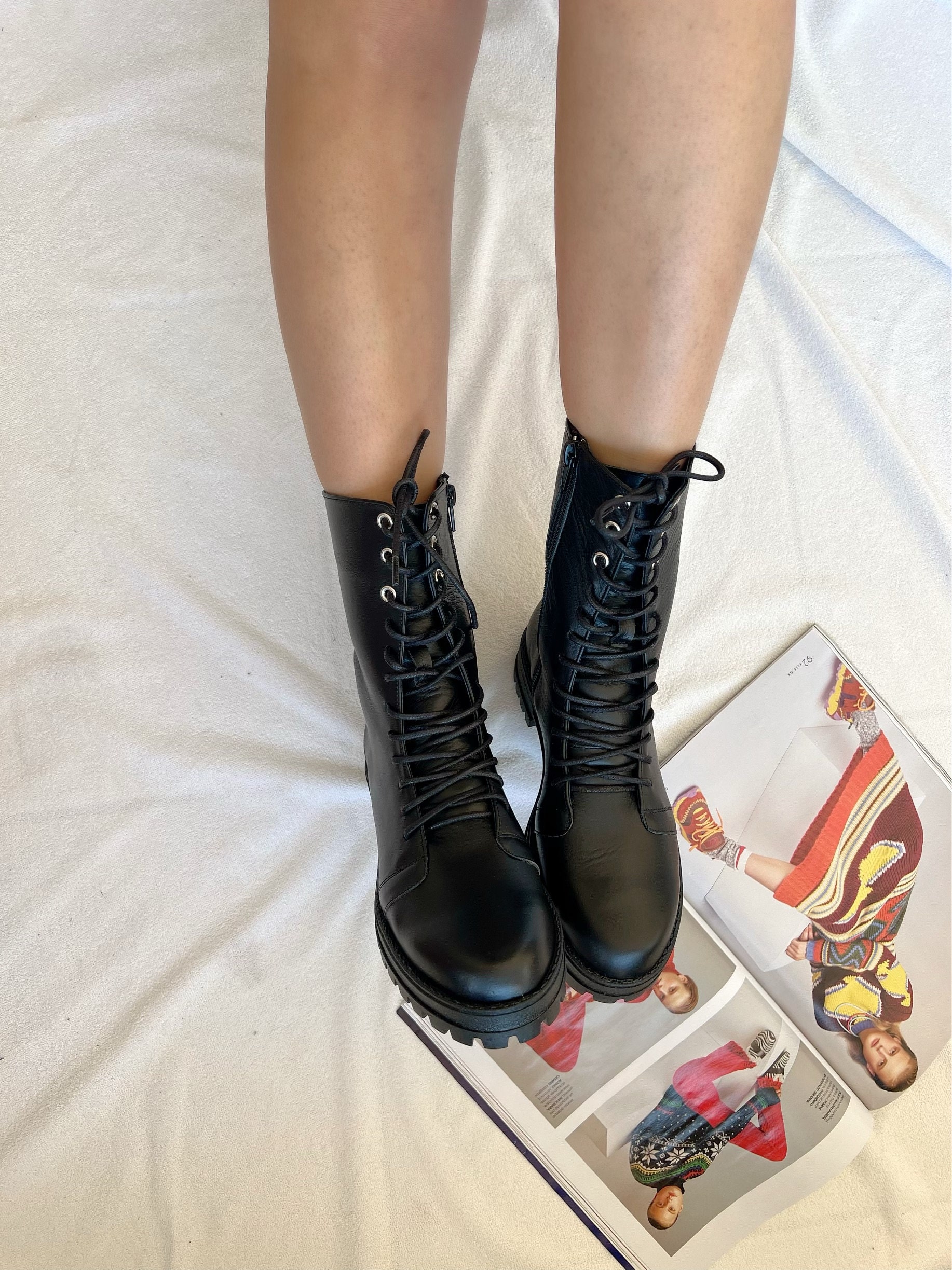 Black Leather Combat Boots Women Winter Boots Black Boots Etsy