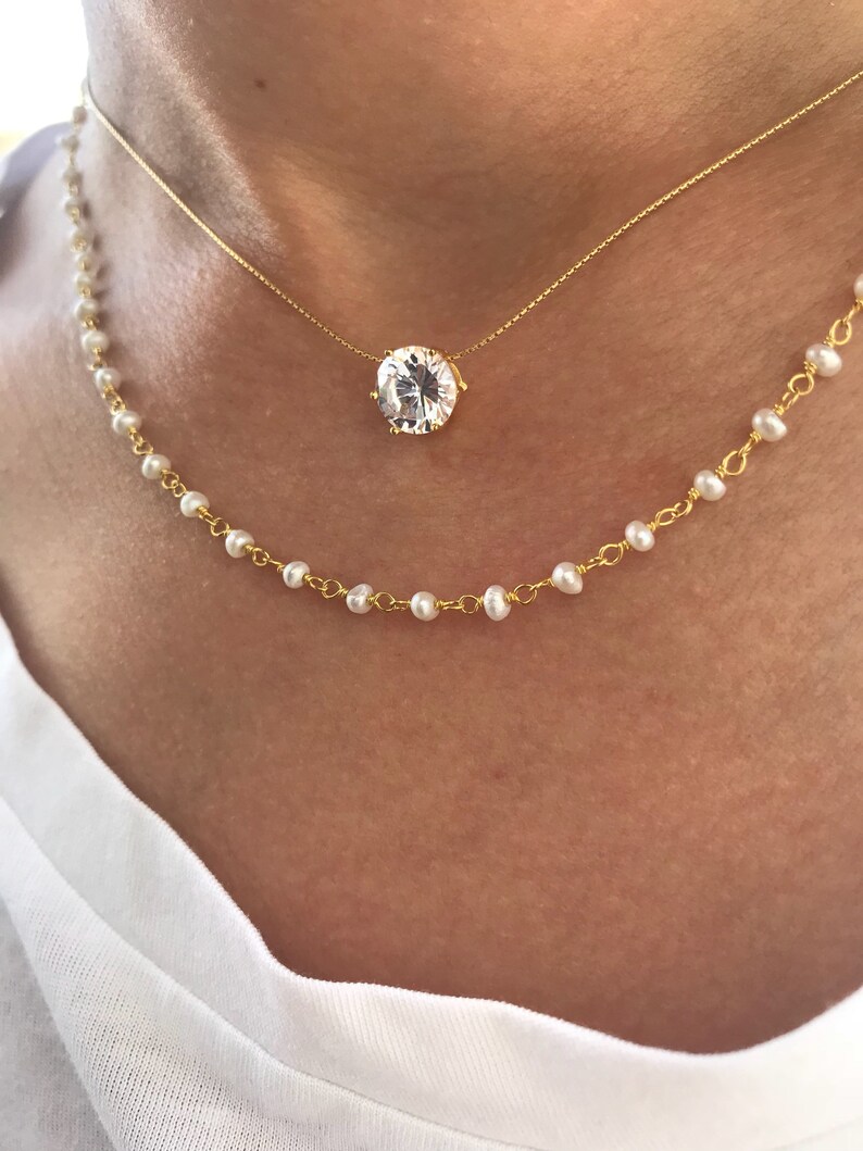 Layer Necklaces Crystal Pendant White Beaded Necklace Etsy