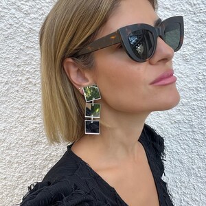 Long Earrings, Silver Earrings, Clip On Earrings, Clip Earrings, Dangles, Handmade Mirror Plexiglass Parts.