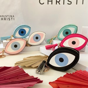 Cartera Evil Eye para mujer, cartera minimalista, cartera con cremallera, fabricada en Grecia.