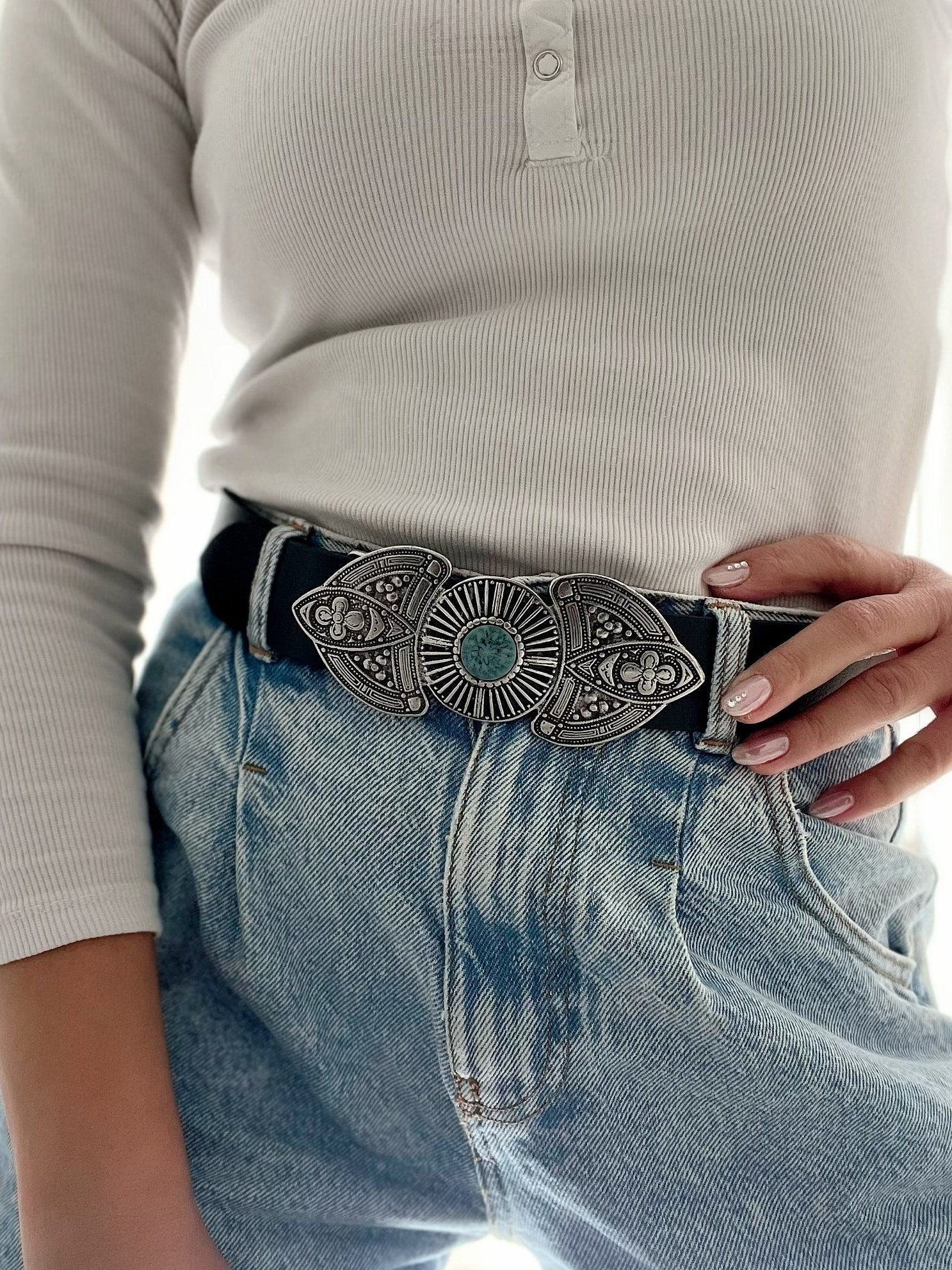 Boho Summer Belt, Black Leather Belt, Women Belt, Boho Buckle, Gift for Her, Made in Greece.