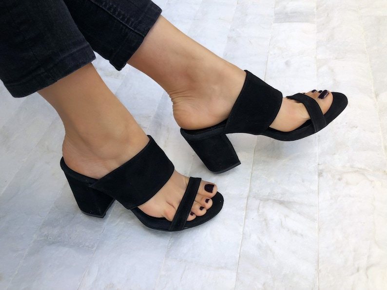 Black Heeled Sandals, Mules Sandals, Leather Sandals, Heeled Mules, Suede Shoes, Slip On Shoes, Made from Suede Leather in Greece. Black