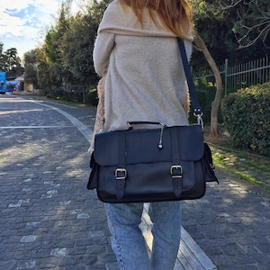 Maletín de cuero para mujer, bolso mensajero de cuero negro, maletín para mujer, maletín para portátil, bolso mensajero, bolso para portátil de 15'', fabricado en Grecia.