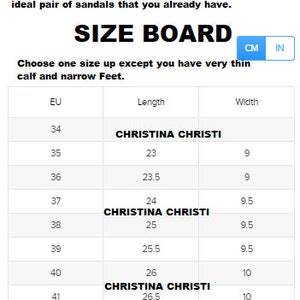 K&ouml;nnte beinhalten: Gr&ouml;&szlig;entabelle f&uuml;r Damensandalen in europ&auml;ischen Gr&ouml;&szlig;en, mit entsprechenden L&auml;ngen- und Breitenma&szlig;en in Zentimetern. Die Tabelle enth&auml;lt den Markennamen Christina Christi.