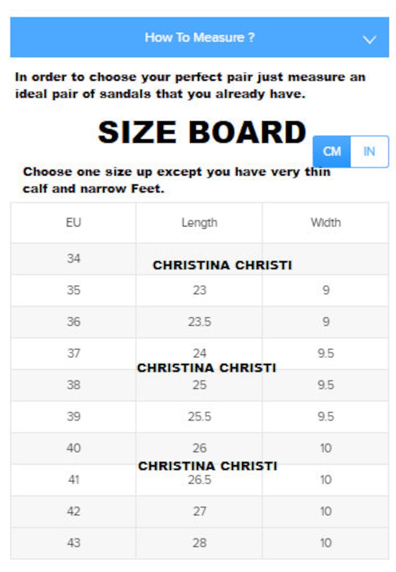 K&ouml;nnte beinhalten: Gr&ouml;&szlig;entabelle f&uuml;r Damensandalen in europ&auml;ischen Gr&ouml;&szlig;en, mit entsprechenden L&auml;ngen- und Breitenma&szlig;en in Zentimetern. Die Tabelle enth&auml;lt den Markennamen Christina Christi.
