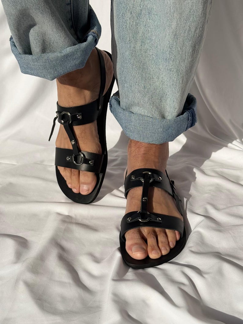 Men's Leather Slingback Sandals, Mens Sandals, Black Sandals, Greek Summer Shoes Black