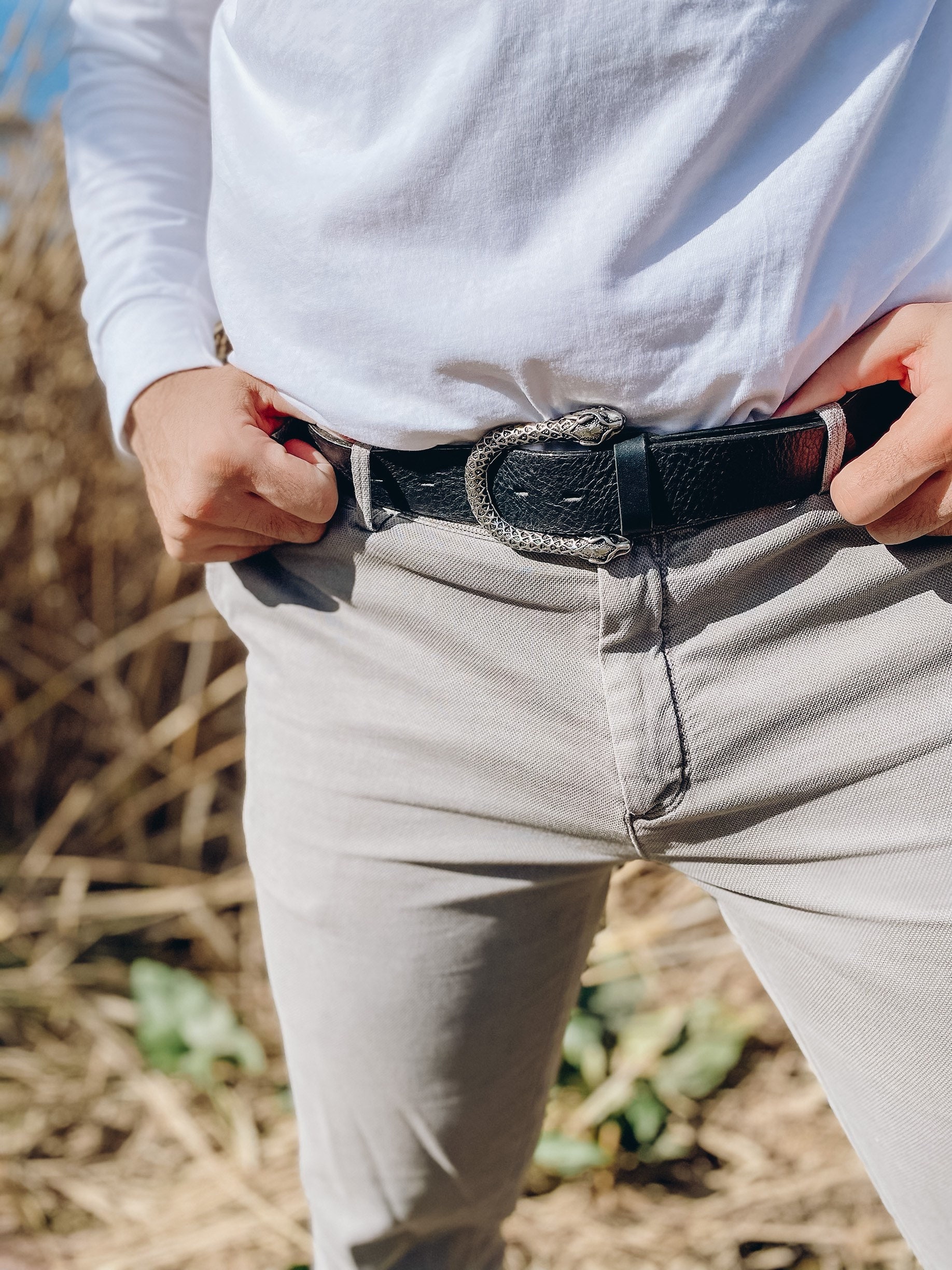 mens black belt with silver buckle