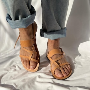 Handmade Leather Slingback Sandals, Mens Sandals, Greek Summer Shoes. Brown