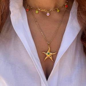 Gold Starfish Necklace, Stainless Steel Necklace, Gold Stones Neckalce, Layerings Necklaces, Beach Necklace, Gift for Her, Made in Greece. zdjęcie 6