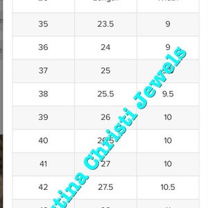 May include: Size guide chart for footwear with measurements in US standard units. The chart shows European shoe sizes (EU) and corresponding length and width measurements in inches (in).