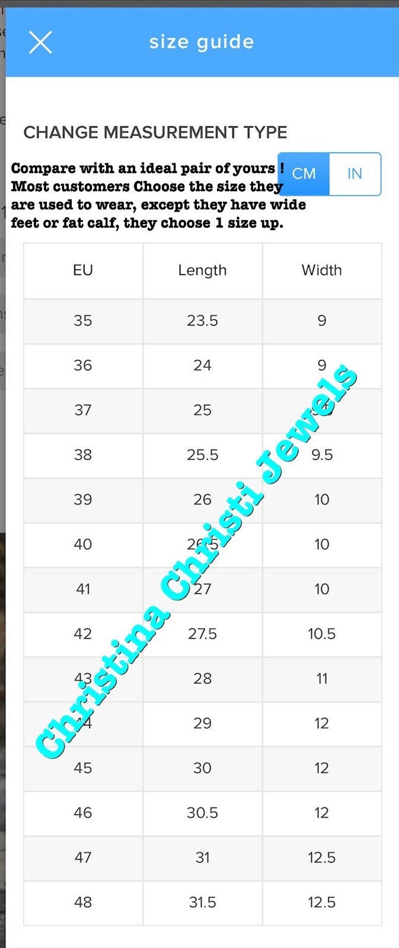May include: Size guide chart for footwear with measurements in US standard units. The chart shows European shoe sizes (EU) and corresponding length and width measurements in inches (in).