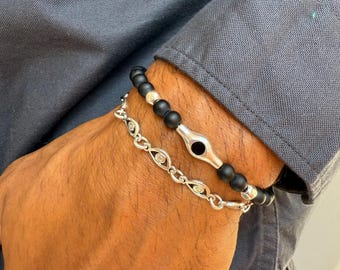 Handmade Bracelet, Men’s Bracelet Set, Minimalist Bracelet, Evil Eye Silver Chain Bracelet, Matte Beads, Men Jewelry.