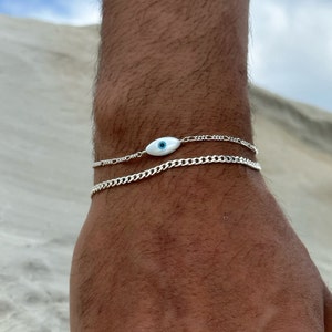 Handgemaakte Griekse herenarmbanden, zilveren kettingarmband, boze oog-armband, boze oog-bedel, cadeau voor mannen, gemaakt van sterlingzilver 925.