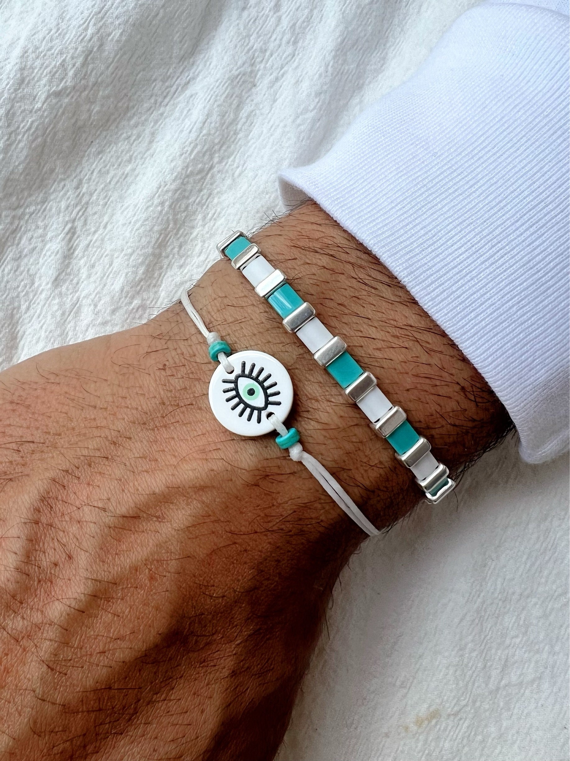 Turquoise Beaded Bracelet Set: Evil Eye Mens Jewelry