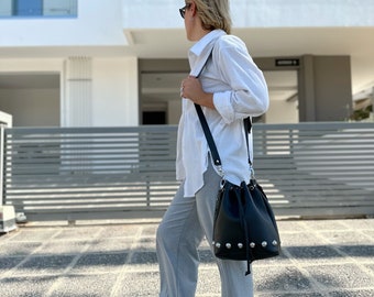 Bucket Bag, Leather Bag, Women Leather Purse, Black Leather Crossbody Bag, Shoulder Bag, Made from Full Grain Leather in Greece - Rock It