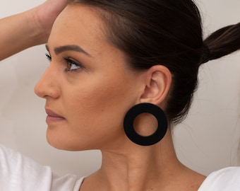 Black Hoop Earrings, Boho Earrings, Large Hoops, Studs Earrings, Made in Greece by Christina Christi.