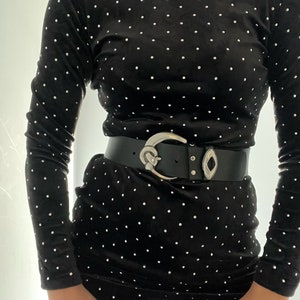 Handmade Wide Black Leather Belt: Silver Knot Buckle, Boho Waist Belt