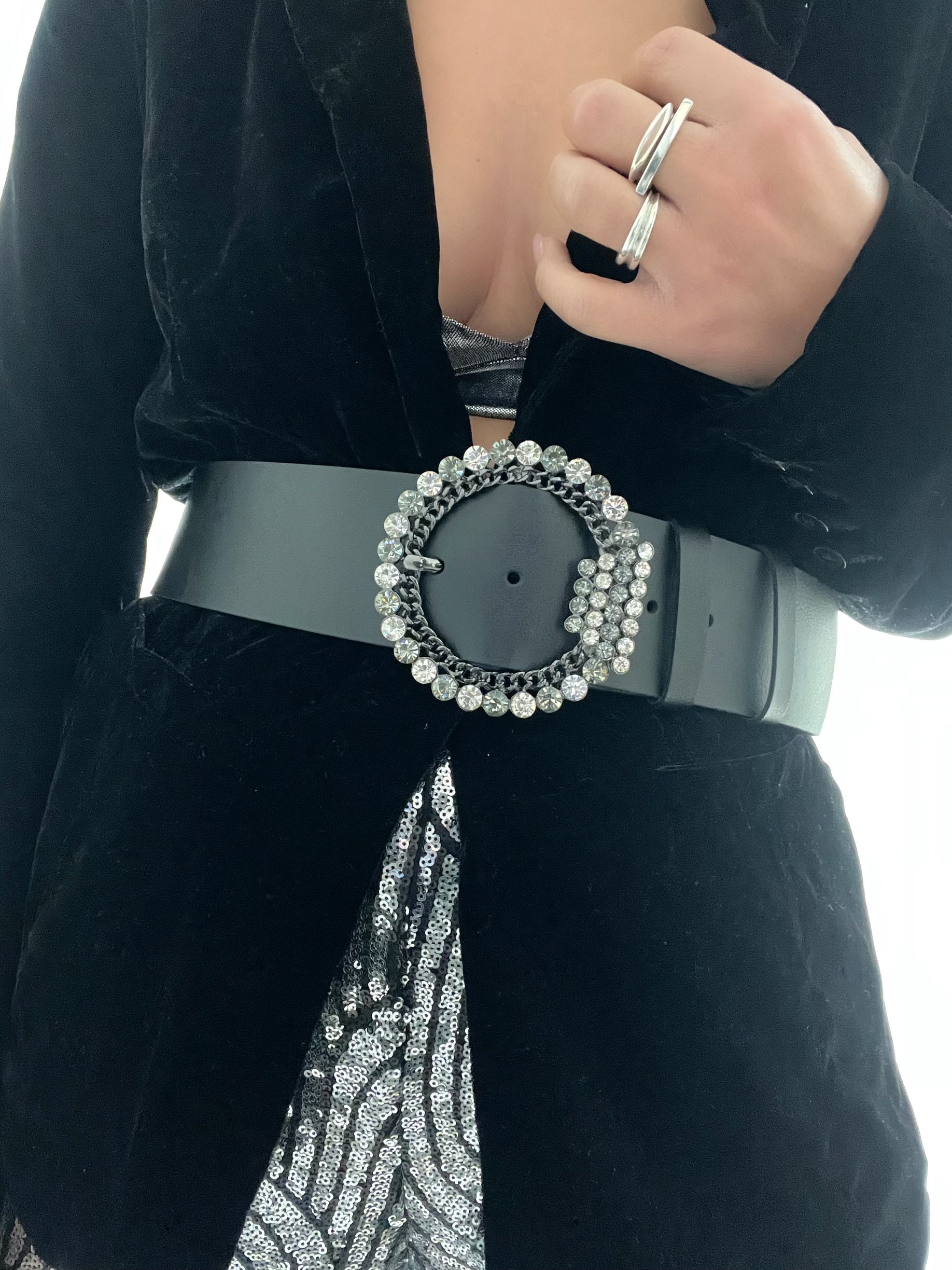 ハンドメイドのブラックレザーベルト、レディース、幅広ベルト