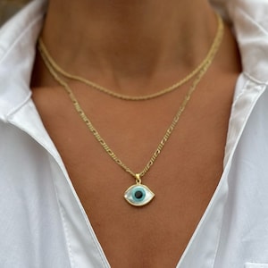 Evil Eye Necklace Gold , Chain Necklace, Handmade Evil Eye Pendant, Gold Layers, Gift for Her, Made from Gold Plated Sterling Silver 925.