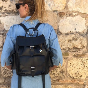 Leather Backpack Purse,Large Rucksack, Leather Racksack, Handmade Black Full Grain Leather Laptop Bag