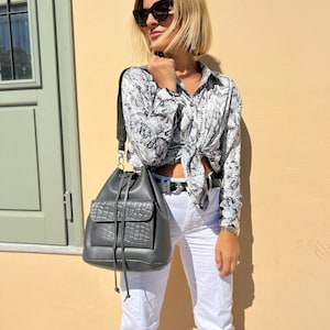 Leather Bucket Bag, Women Leather Purse, Gray Handbag, Bucket Purse, Shoulder Bag, Made from Full Grain Leather in Greece - Shopper&#39;s Love
