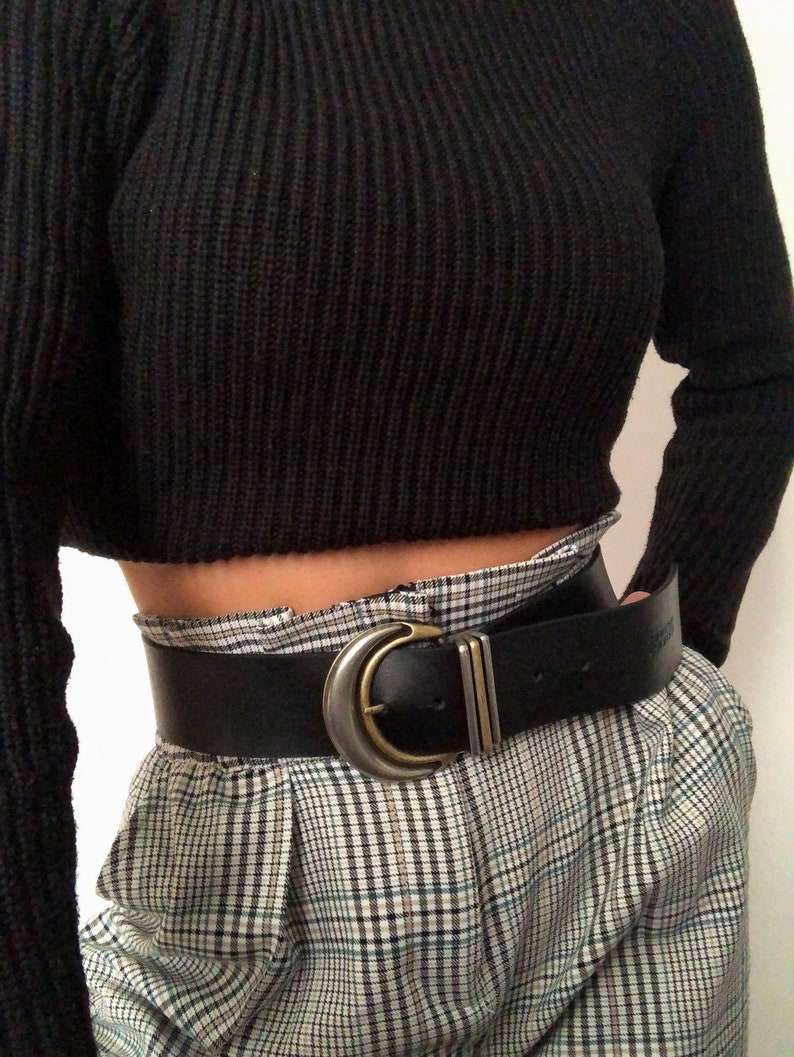 Wide Leather Belt Women, Black Belt, Large Buckle, Gift for Her, Made from Real Genuine Leather, Made In Greece Silver Moon 画像 4