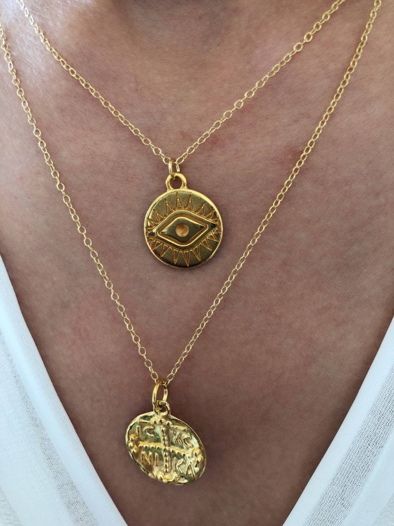 Gold Necklaces Gold Evil Eye Necklace Gold Disc Necklace Etsy