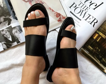 Black Leather Slide Sandals, Greek Sandals, Women Shoes, Made from 100% Genuine Leather.