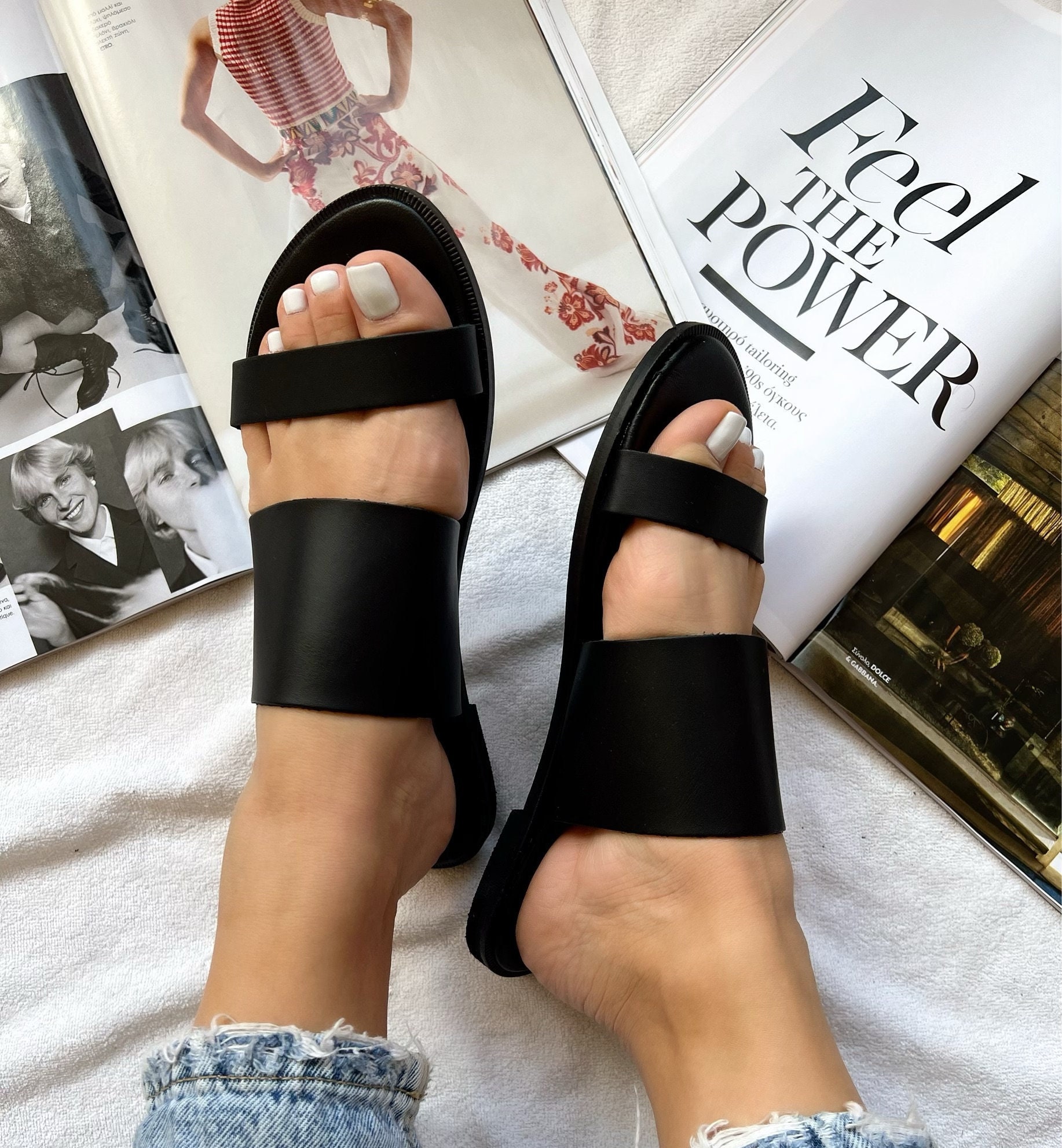 Black Leather Slide Sandals, Greek Sandals, Women Shoes, Made from 100% Genuine Leather.