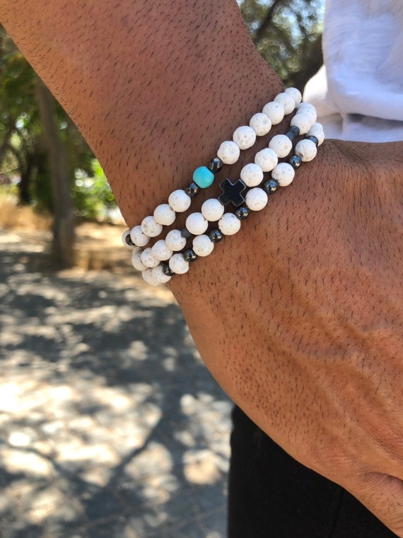 Men's Bracelet, White Beads Bracelet, Men's Jewelry, Made in Greece, by Christina Christi Jewels.