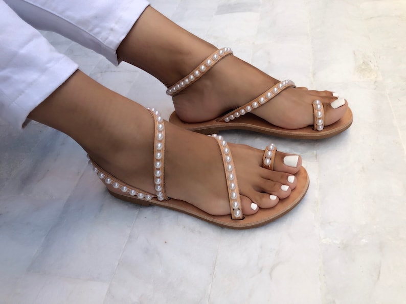 White Pearls Sandals, Leather Sandals, Wedding Sandals, Wedding Shoes, Made From 100% Genuine Leather. image 1