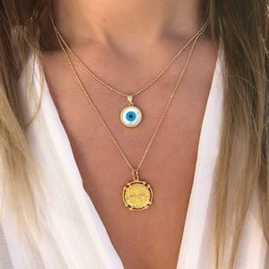 Gold Necklace, Evil Eye Necklace, Disc Necklace,  Circle Necklace, Evil Eye Charm, Made from Sterling Silver 925 in Gold Color.