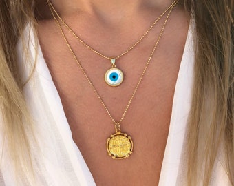 Gold Necklace, Evil Eye Necklace, Disc Necklace,  Circle Necklace, Evil Eye Charm, Made from Sterling Silver 925 in Gold Color.