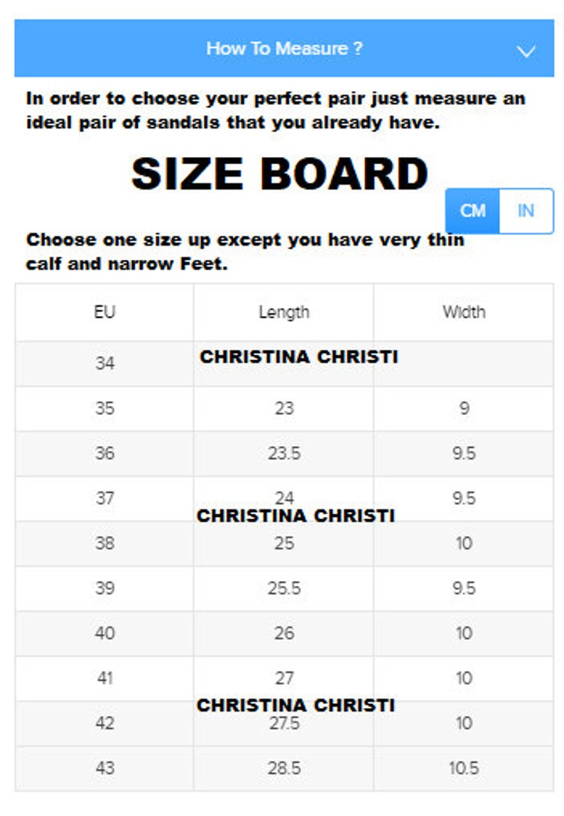 Puede incluir: Tabla de tallas para sandalias en tallas espa&ntilde;olas para mujeres, que muestra las tallas europeas (EU), la longitud en cent&iacute;metros y el ancho en cent&iacute;metros. La tabla incluye el nombre de la marca Christina Christi.