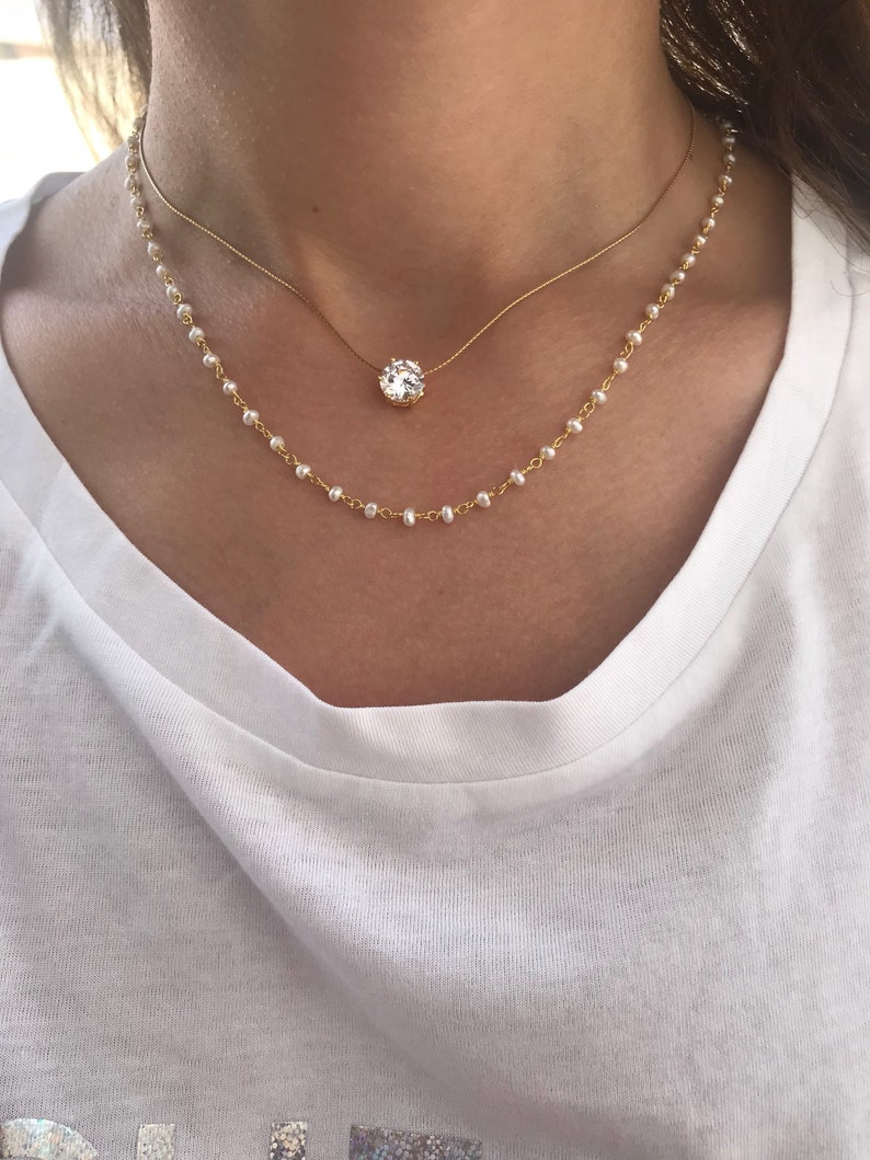 Layer Necklaces Crystal Pendant White Beaded Necklace Etsy