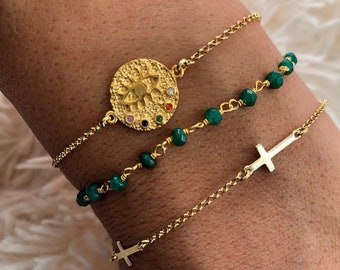 Gold Evil Eye Bracelet, Evil Eye Jewelry, Protection Bracelet, Evil Eye Charm, Cross Bracelet, Rosary Bracelet, Made from Sterling SIlver.