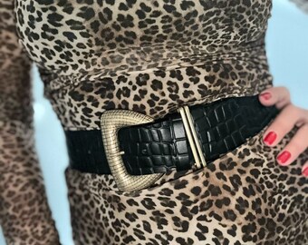 Wide Belt, Black Leather Belt, Women Belt Buckle Large, Made in Greece.