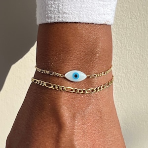 Gold Evil Eye Bracelet: Chain Gold Plated Sterling Silver 925, Mother of Pearl Charm