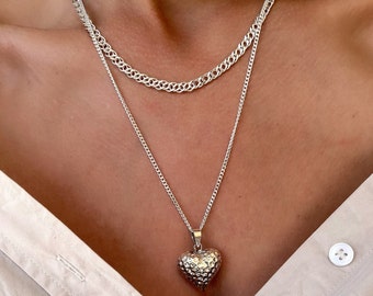 Heart Necklace, Long Heart Pendant, Silver Chain Necklace, Love Pendant, made in Greece.