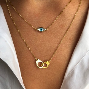 Evil Eye Necklace, Gold Necklaces , Evil Eye Charm, Handcuffs Necklace, Handcuffs Pendant, Evil Eye Jewelry, Made from Sterling Silver 925. image 8